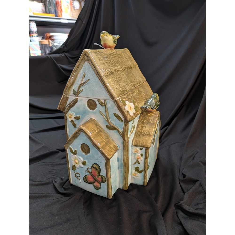 Certified International Susan Winget birdhouse cookie jar & Napkin holder set